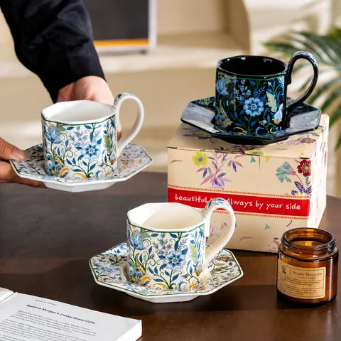 French Retro Octagonal Ceramic Coffee Cup And Saucer Set With Gift Box Luxury Afternoon Tea Mug Aesthetic Tableware