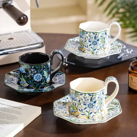French Retro Octagonal Ceramic Coffee Cup And Saucer Set With Gift Box Luxury Afternoon Tea Mug Aesthetic Tableware