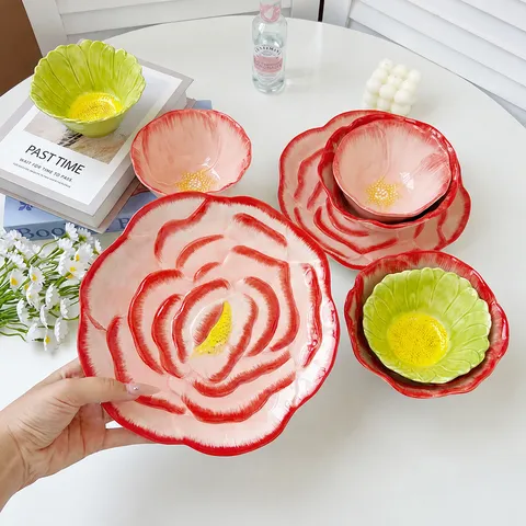 Ciotola Piatto in Ceramica Dipinta a Mano Rosa Girasole Sottosmalto Stoviglie Floreali Cucina