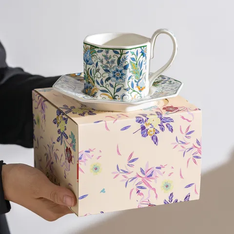 French Retro Octagonal Ceramic Coffee Cup And Saucer Set With Gift Box Luxury Afternoon Tea Mug Aesthetic Tableware