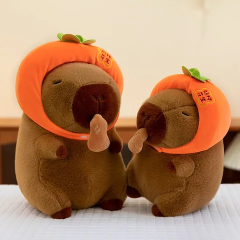 Cute Capybara Plush Toy Stuffed Animal Soft Doll with Persimmon Hat Creative Birthday Gift