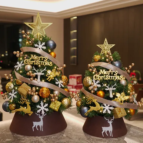 Árbol de Navidad de Mesa DIY Café Dorado Árbol de Navidad Artificial Con Luces LED Cálidas Reno Estrella Copos de Nieve Bolas Decoración Para El Hogar Oficina Escritorio Decoración Navideña