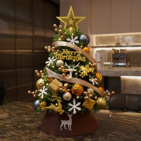 Árbol de Navidad de Mesa DIY Café Dorado Árbol de Navidad Artificial Con Luces LED Cálidas Reno Estrella Copos de Nieve Bolas Decoración Para El Hogar Oficina Escritorio Decoración Navideña