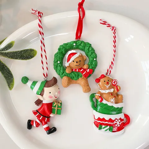 Resin Christmas Ornaments Hanging Decoration DIY Christmas Tree Decor Santa Claus Hot Air Balloon Gingerbread Man Candy Cane Bear Figurines