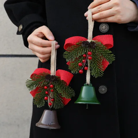 Nordic Minimalist Metal Christmas Bell Hanging Ornament With Red Burlap Bowknot Artificial Pine Needle Natural Pinecone For Christmas Tree Decor Home Party Wall Pendant New Year Gift
