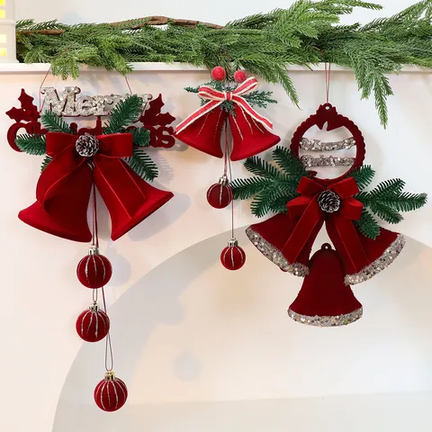 Gevlokte Kerstklokken Hangende Ornamenten Rode Strik Glitter Letter Decoratieve Hanger Voor Thuis Kerstboom Scène Decoratie