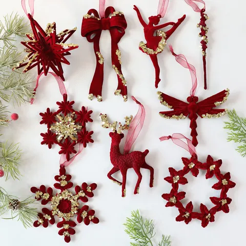 Wine Red Flocked Christmas Hanging Ornaments Gold Painted Xmas Tree Decorations Reindeer Snowflake Bow For Home Holiday Party