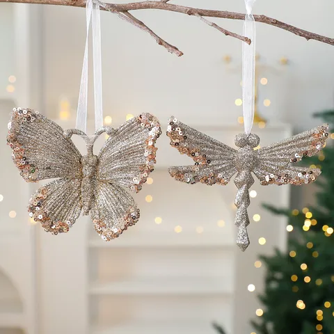 Champagne Gold Christmas Ornaments Glitter Sequin Reindeer Snowflake Angel Pumpkin Carriage Hanging Decor For Christmas Tree Party Home