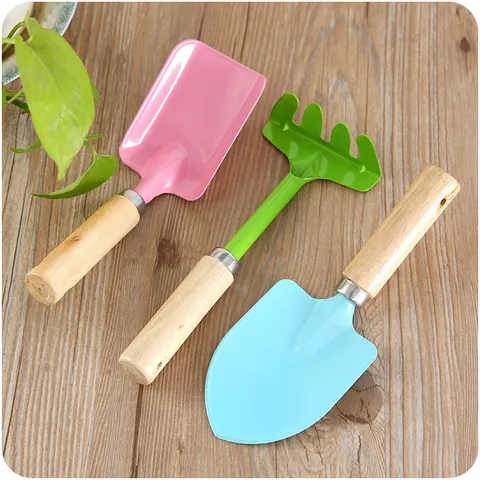 Mini Houten Handvat Metalen Tuingereedschap Set Driedelig Schep Hark Voor Planten Bloemen Tuin