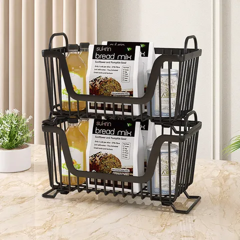 Iron Storage Basket Stackable Kitchen Organizer Countertop Metal Wire Storage Bin For Fruit Snacks Desktop Sundries Holder
