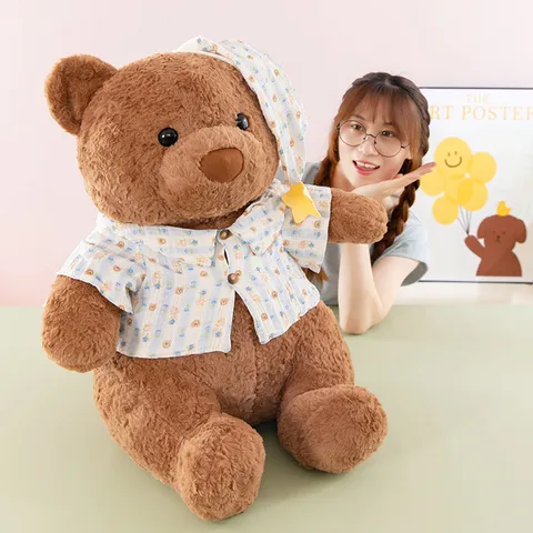 Cute Stuffed Teddy Bear Plush Toy With Cute Sleep Cap And Shirt Soft Brown Animal Doll Birthday Gift For Kids