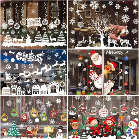 Christmas Window Stickers Snowflakes Santa Claus Reindeer Wall Decals Static Cling Glass Decorations For Holiday