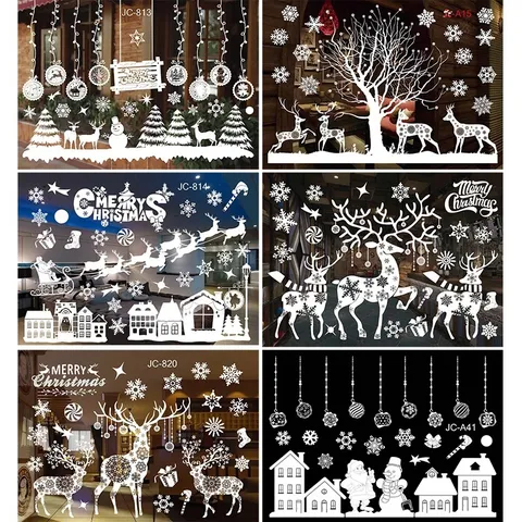 Christmas Window Stickers Snowflakes Santa Claus Reindeer Wall Decals Static Cling Glass Decorations For Holiday