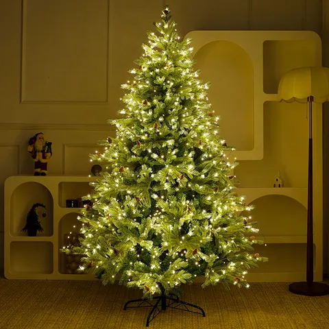 Large PE Artificial Christmas Tree With LED Warm Lights Pinecones Metal Stand European Nordic Style Xmas Festive Scene Decoration