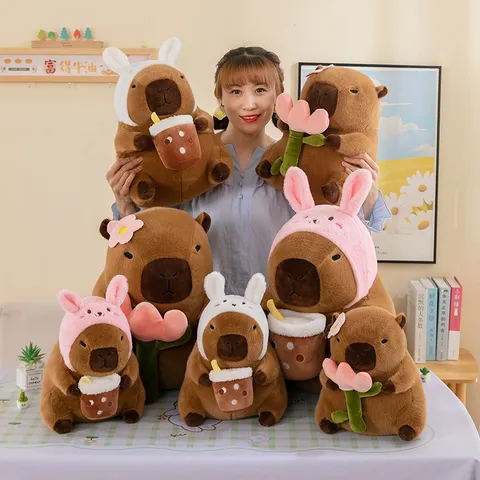 Cute Capybara Plush Toy Stuffed Animal Soft Doll With Bunny Hat Flower Design Hugging Pillow Cute Home Decor Gift For Kids