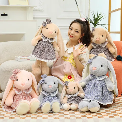 Cute Floral Dress Long Ear Rabbit Plush Toy Stuffed Animal Doll Soft Companion Pillow Girl Birthday Gift Toy