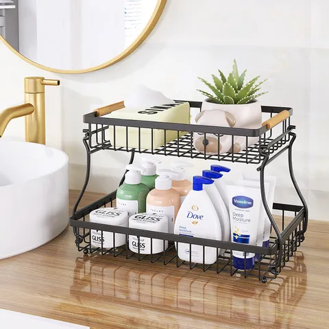 Double Layer Desktop Storage Rack Carbon Steel Kitchen Bathroom Countertop Organizer With Wood Handle Iron Mesh Fruit Basket