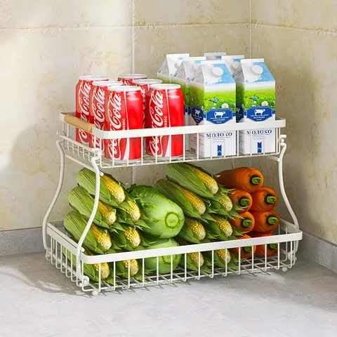Double Layer Desktop Storage Rack Carbon Steel Kitchen Bathroom Countertop Organizer With Wood Handle Iron Mesh Fruit Basket