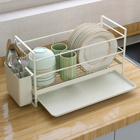 Escurridor de Platos de Cocina de Acero al Carbono Organizador de Tazones y Platos de Encimera con Escurridor