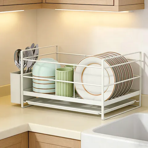 Escurridor de Platos de Cocina de Acero al Carbono Organizador de Tazones y Platos de Encimera con Escurridor
