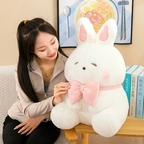 Cute Rabbit Plush Toy Soft Stuffed Animal Bread Bunny Doll With Pink Bowknot Fluffy Pillow Gift For Kids