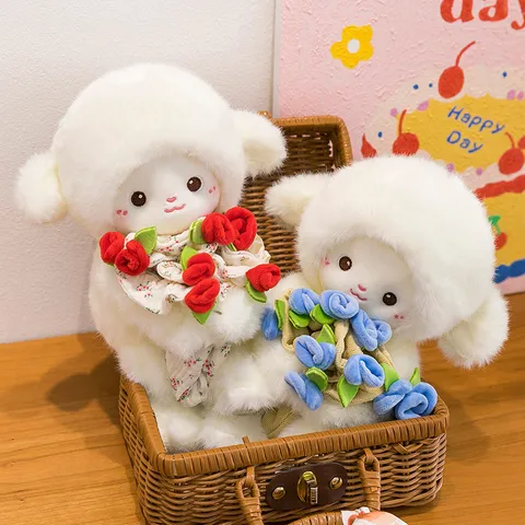 Mignon Peluche Petit Agneau Rose Magnétique Poupée Animal En Peluche Avec Bouquet De Roses Cadeau De Couple Décoration D'Intérieur