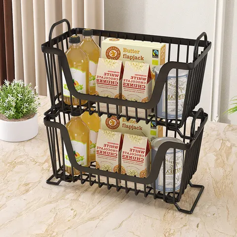 Iron Storage Basket Stackable Kitchen Organizer Countertop Metal Wire Storage Bin For Fruit Snacks Desktop Sundries Holder
