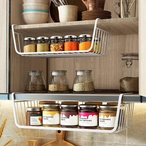 Carbon Steel Under Table Storage Hanging Basket Kitchen Cabinet Partition Organizer Wire Storage Rack