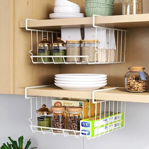 Unter Regal Aufbewahrung Korb Eisendraht Hängendes Aufbewahrungsregal Doppelte Schicht Schrank Organizer Küche Kleiderschrank Drahtkorb