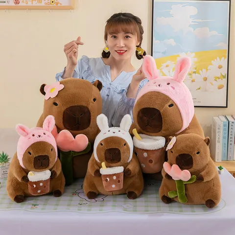 Cute Capybara Plush Toy Stuffed Animal Soft Doll With Bunny Hat Flower Design Hugging Pillow Cute Home Decor Gift For Kids