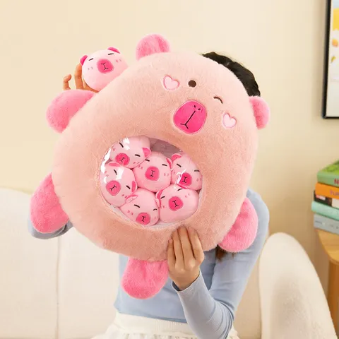 Mignon Capybara Jouet en Peluche Oreiller Animal Embourré Avec Mini Poupées Fenêtre Transparente Coussin Doux Coton PP Décoration