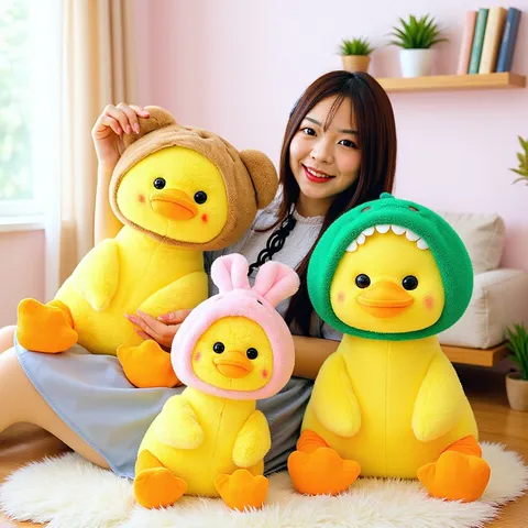 Cute Hat Wearing Little Yellow Duck Plush Toy Stuffed Animal Soft Pillow Cushion Doll Kids Birthday Gift Home Decor