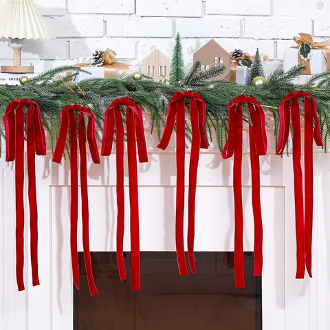 Vintage Christmas Velvet Bow Ornaments Long Ribbon Streamer For Christmas Tree Wreath Garland Holiday Party Home Decoration