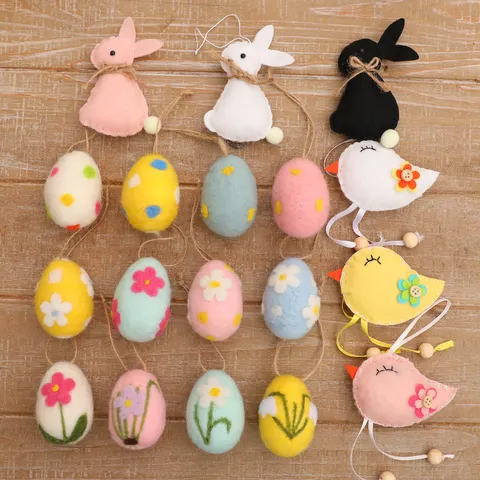 Handmade Easter Wool Felt Eggs Spotted Floral Pattern DIY Wreath Hanging Egg Ornaments Home Festive Party Decoration Accessories