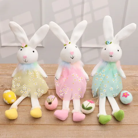 Easter Bunny Plush Doll With Daisy Mesh Skirt Long Legged Rabbit Stuffed Toy For Holiday Home Decoration Festive Gift