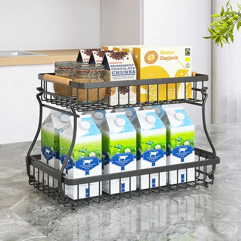 Multi-Functional Double Tier Storage Rack Kitchen Vegetable Fruit Basket Living Room Iron Storage Holder Organizer Stand
