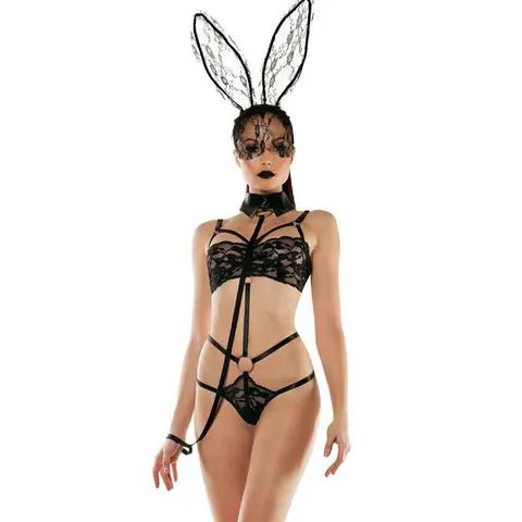 Lingerie Sexy Lapine pour Femmes Costume Body Dentelle Tenue de Jeu de Rôle Noir Ajouré Transparent Vêtements de Nuit Lapin