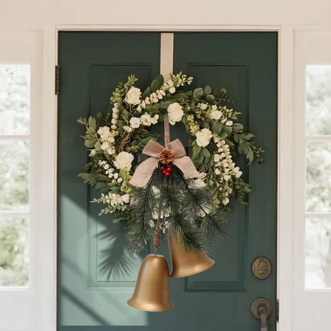 Kerstbel Hangende Decoratie Rood Goud Mat Metaal Met Strik Dennenappel Dennennaalden Voor Deur Boom Huis Muur Feest Ornament