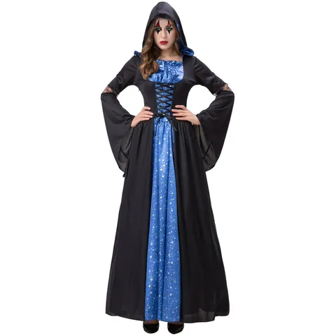Women Halloween Hooded Witch Costume Evil Queen Cosplay Dress Starry Sky Print Lace Patchwork Medieval Fancy Party Outfit
