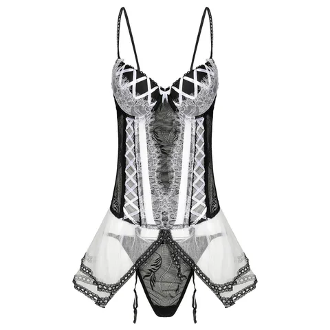 Damen Sexy Lingerie Wimpernspitze Durchsichtig Korsett Unterkleid Und Slip Mit Strapshalter Schwarz Weiß Mesh Nachtwäsche