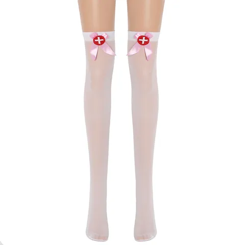 Medias Sexy con Lazo y Cruz Hasta el Muslo para Mujer Medias de Red de Nailon y Spandex Cosplay de Enfermera Calcetines