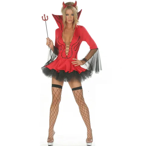 Disfraz de Cosplay de Diablo Vampiro de Halloween para Mujer Conjunto de Vestido con Capucha Empalme de Malla Con Cuernos Tridente