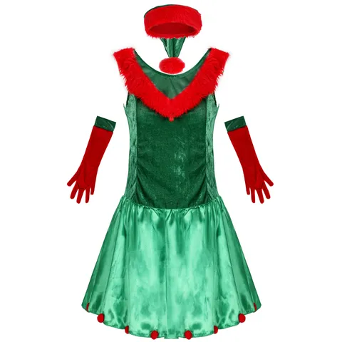 Women Sexy Christmas Elf Costume Set Green Velvet Dress With Hat And Gloves Xmas Party Stage Performance Outfit
