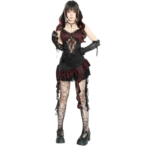 Japanische Gothic Herzogin COS Kostüm Für Damen Dark Punk Spitze Bustier Oberteil Und Rock Set Halloween Party Outfit Kleidung