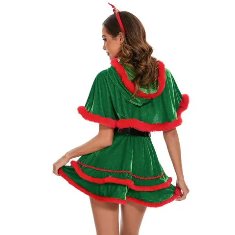 Costume de Cosplay de Noël Sexy pour Femmes Robe à Capuche en Velours Avec Châle Ceinture Bordure en Fourrure Rouge Vert Tenue de Fête