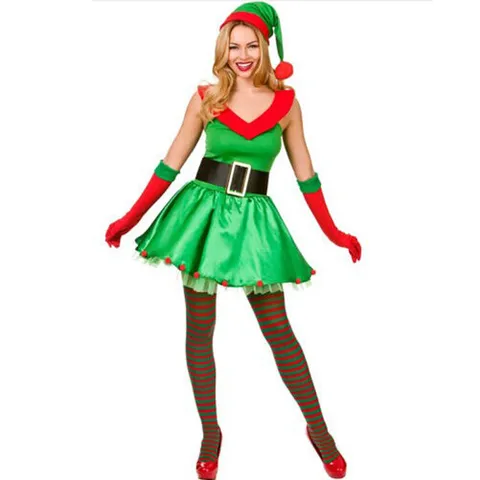 Women Sexy Christmas Elf Costume Set Green Velvet Dress With Hat And Gloves Xmas Party Stage Performance Outfit