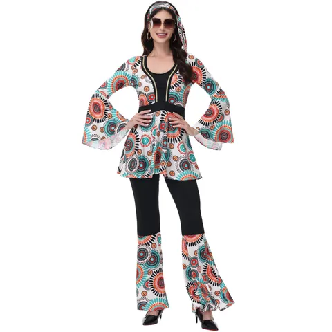 Costume Hippie Disco Rétro pour Couples Hommes Femmes Halloween Cosplay Manches Évasées Ensemble Haut et Bas Imprimé Floral