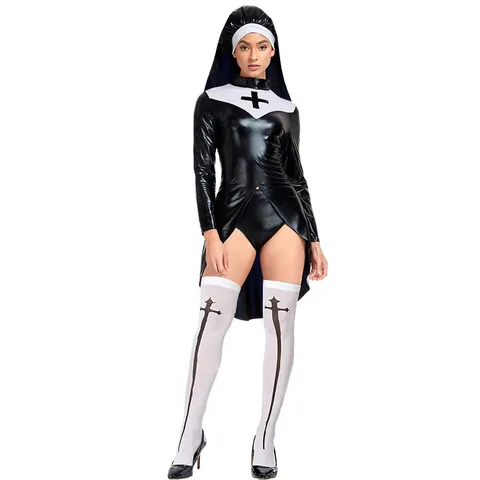 Damen Sexy PU Leder Nonnenkostüm Punk Stil Halloween Cosplay Set Schwarzes Lederkleid Mit Kreuzstrümpfen Nonnenuniform
