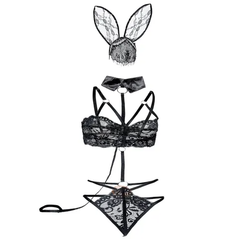 Lingerie Sexy Lapine pour Femmes Costume Body Dentelle Tenue de Jeu de Rôle Noir Ajouré Transparent Vêtements de Nuit Lapin