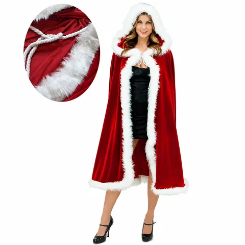 Damen Weihnachts Kapuzenumhang Langer Roter Samtumhang Mit Weißem Kunstpelzbesatz Für Party Performance Cosplay Kostüm